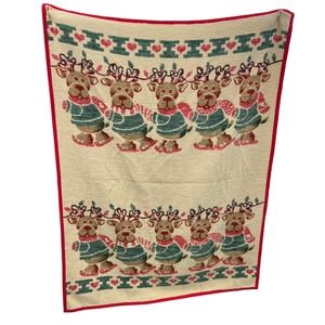 Adorable Vtg Ibena Reversible Colors Fleece Throw Blanket-Humorous Reindeer